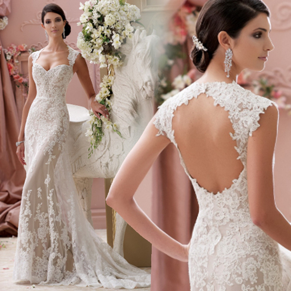 2015 off white sexy backless lace mermaid wedding dress train romantic short front long back wedding