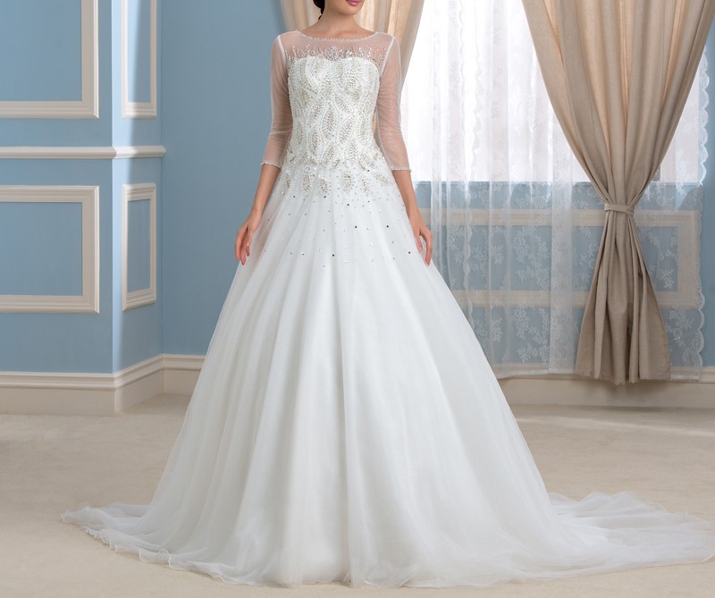 2016 de luxe robes de mariee avec 3 4 manches magnifique organza sheer cou perles cristal
