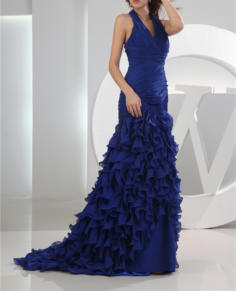 2016 nouveau design vestidos de festa halter en mousseline de soie bleu royal avec le train