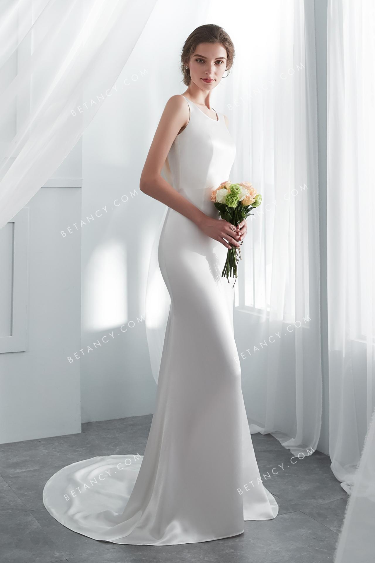 Acetate satin ivory mermaid long wholesale wedding dress 3