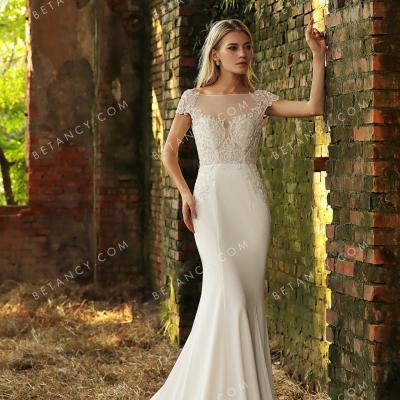 Alluring lace cap sleeve fishtail satin wedding gown 5