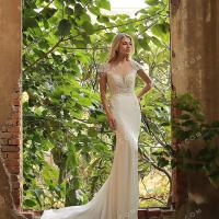 Alluring lace cap sleeve satin wedding gown 1