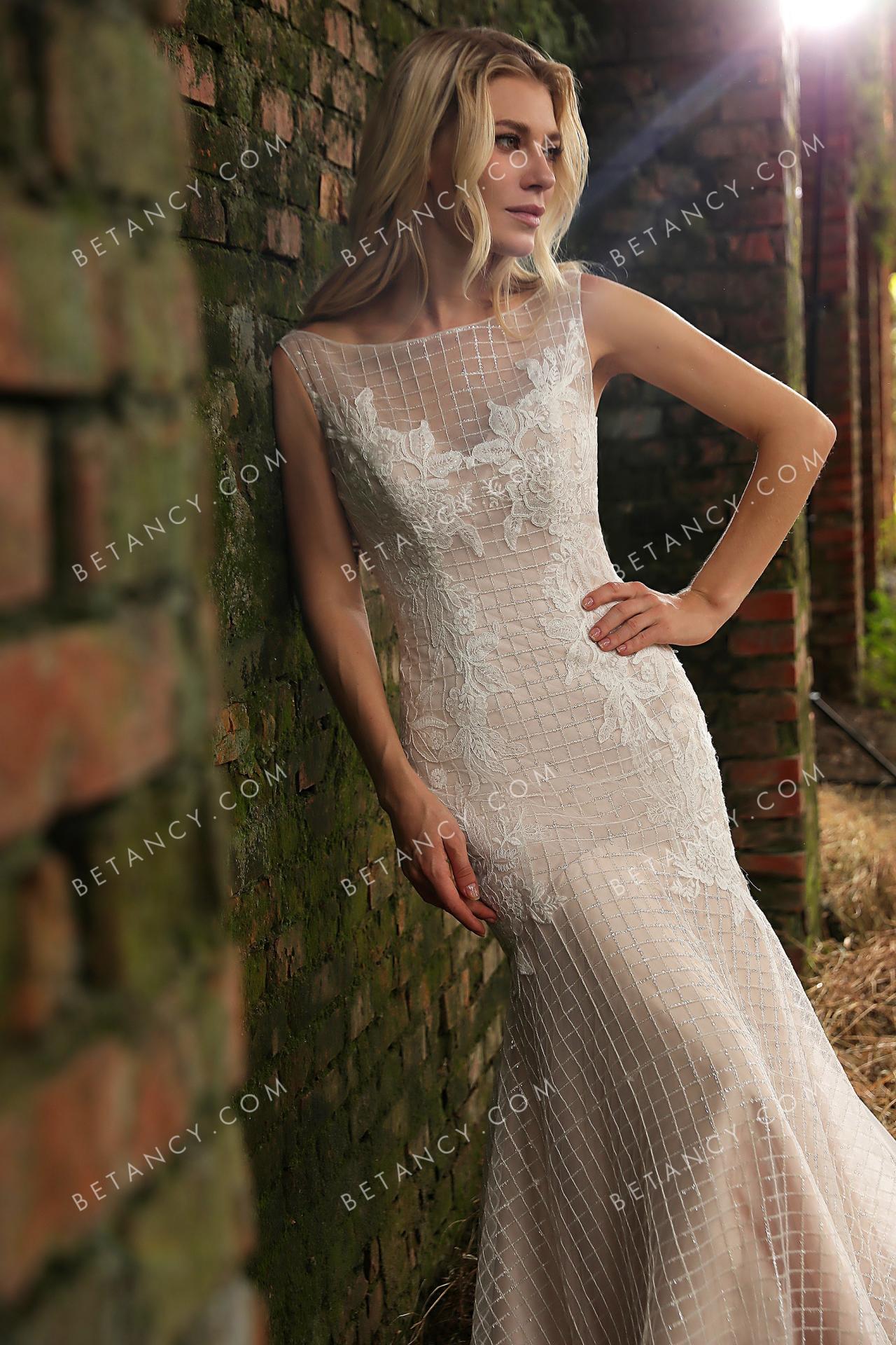 Bateau neckline sequin lace bridal dress 4