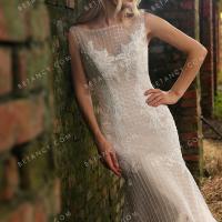 Bateau neckline sequin lace bridal dress 4