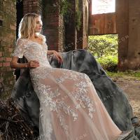 Beaded lace appliqued romantic dusty rose wedding dress 1