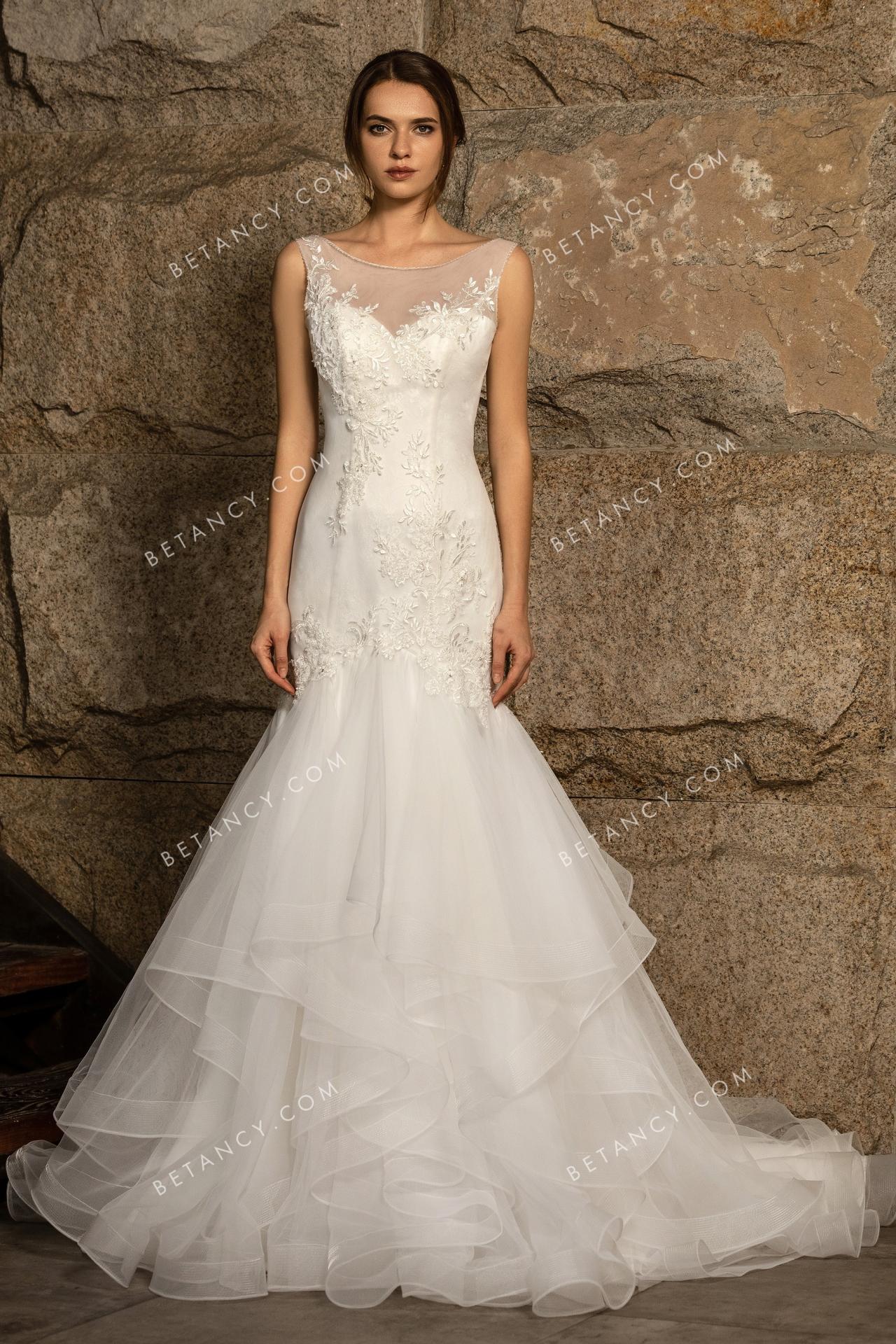 Beaded lace appliqued tiered tulle fishtail bridal gown 1