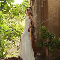 Beaded lace strap v neckline high slit wedding gown 1