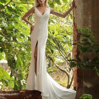 Beaded lace strap v neckline high slit wholesale wedding gown 2