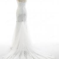 Beaded modern bridal gown with illusion soft tulle panel at chapel length 7