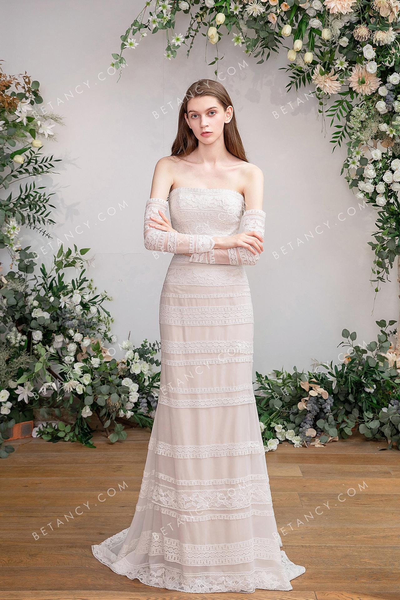 Beige nude lace bohemian wedding dress 2