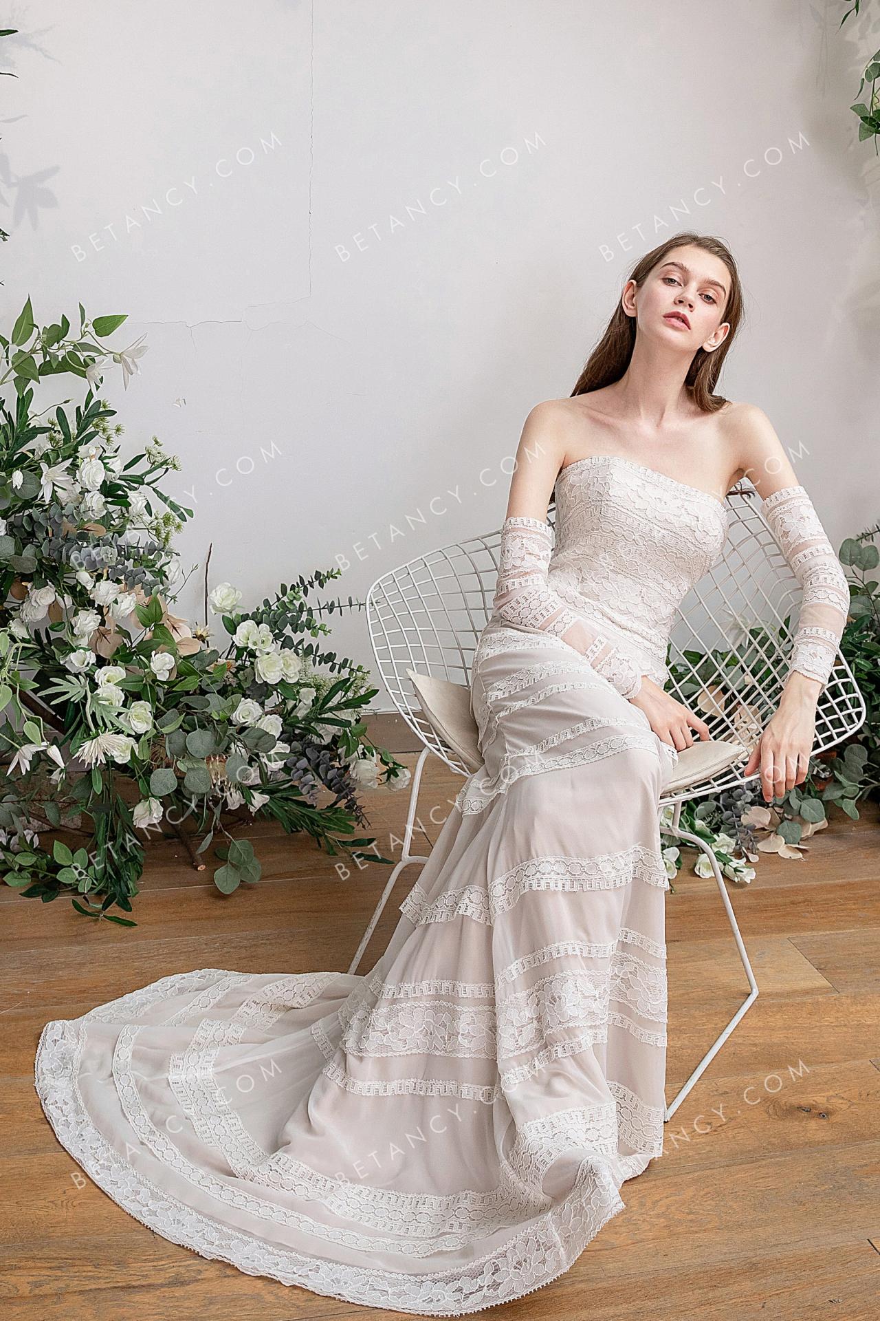Beige nude lace sheath long bohemian wedding dress 1