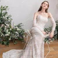 Beige nude lace sheath long bohemian wedding dress 1