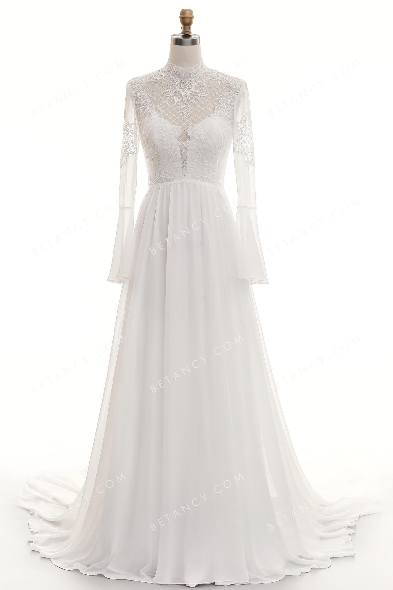 Bohemian wedding dress with illusion high neck and bell sleeves 4