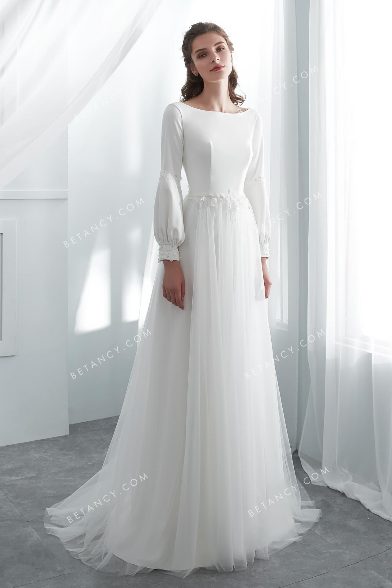 Bubble long sleeve open back wholesale wedding gown 1