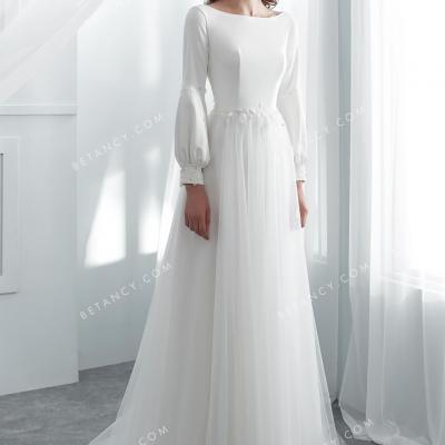 Bubble long sleeve open back wholesale wedding gown 1