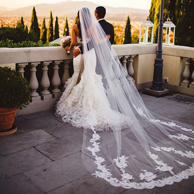 Cathedrale long train voiles de mariage avec dentelle appliques accessoires de mariage voiles de mariee de