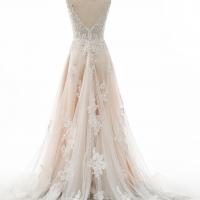 Champagne bridal gown with modern illusion sheer v back 6