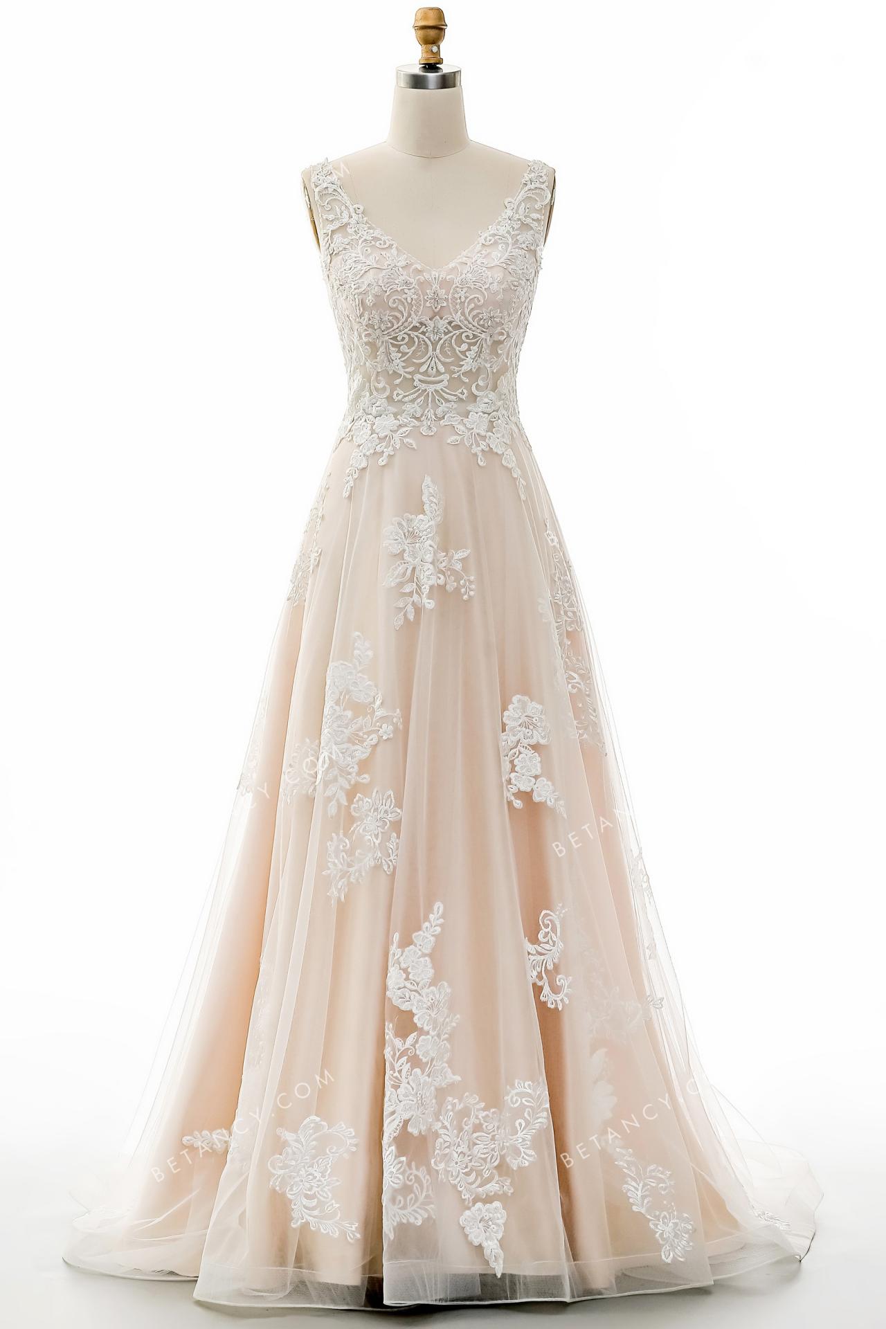 Champagne bridal gown with shoulder straps v neckline 4