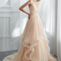 Champagne colored shimmering v neck handmade wholesale wedding gown 2