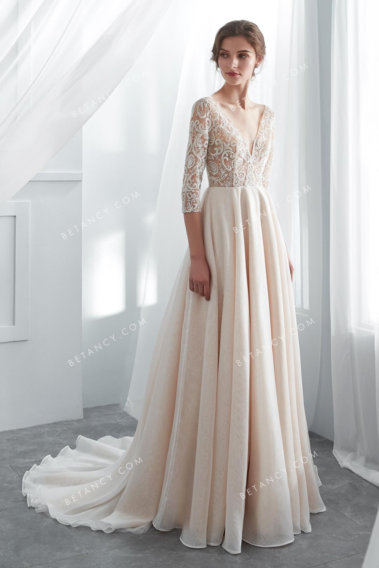 Champagne lace and organza chic wedding dress 1