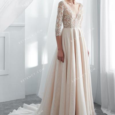 Champagne lace and organza chic wedding dress 1