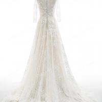 Champagne lining lace wedding dress with flounced chapel train 8