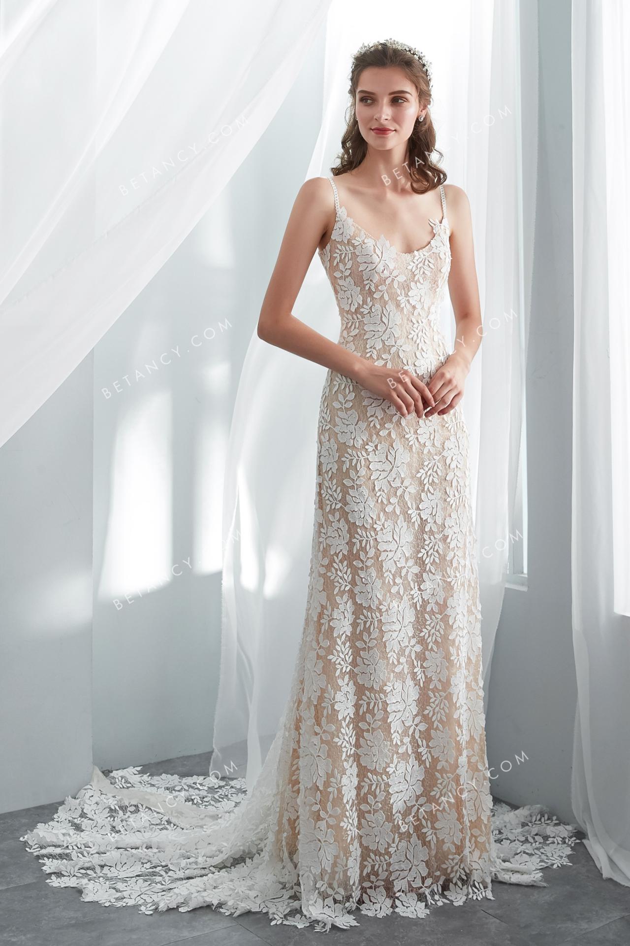 Champagne long bohemian lace designer wedding gown 1