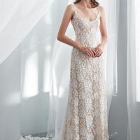 Champagne long bohemian lace designer wedding gown 1