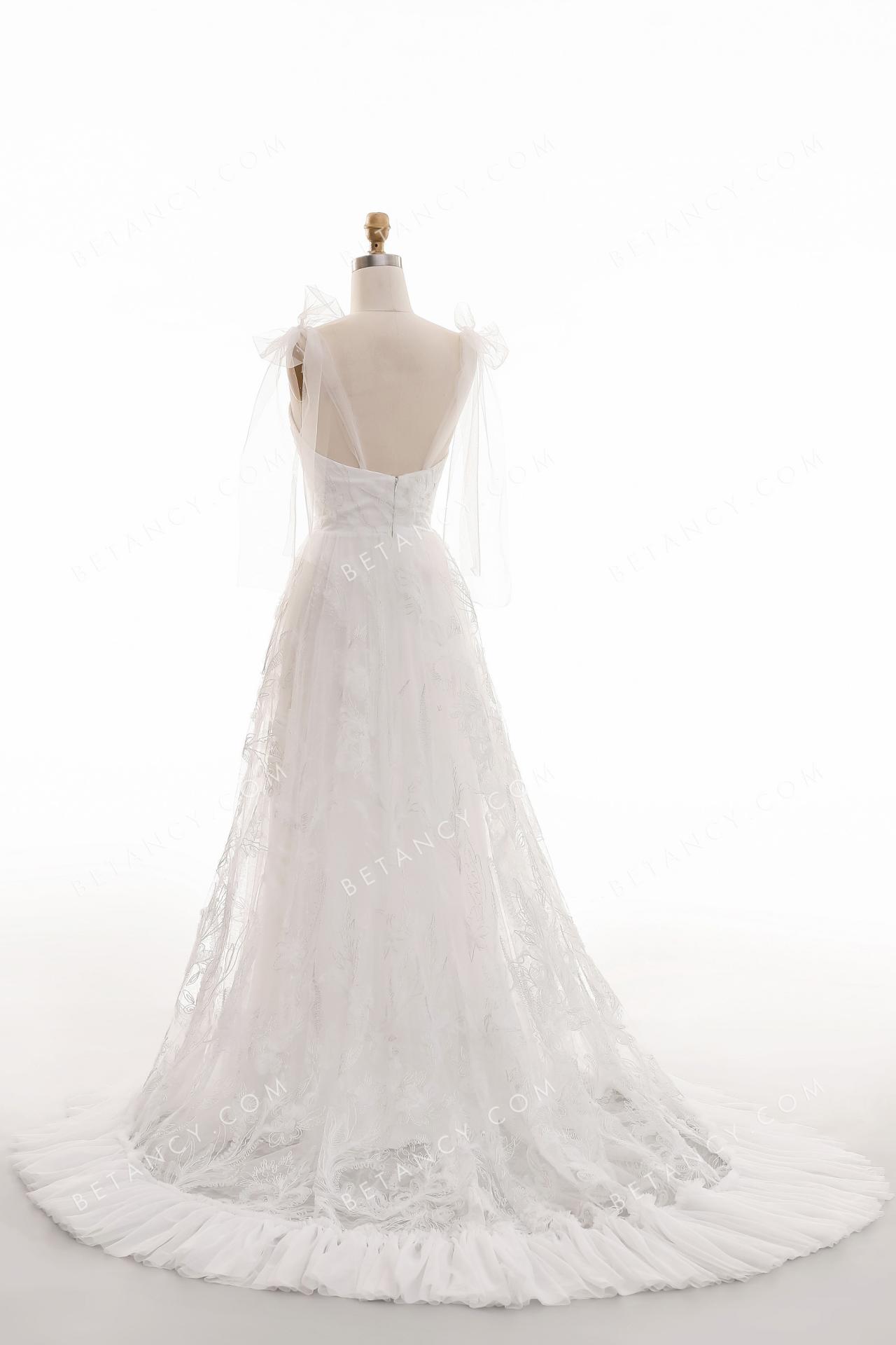 Chapel train beach wedding dress ending with pleated soft tulle 5