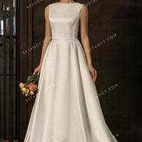 Classic ivory satin bateau neck wedding dress 1