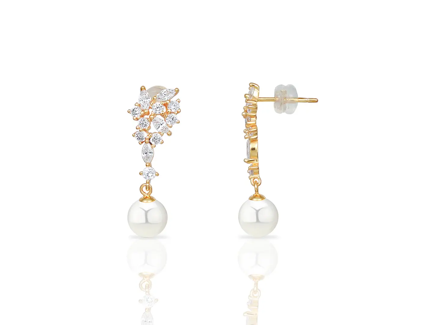 Cluster cz diamond round pearl earrings gold