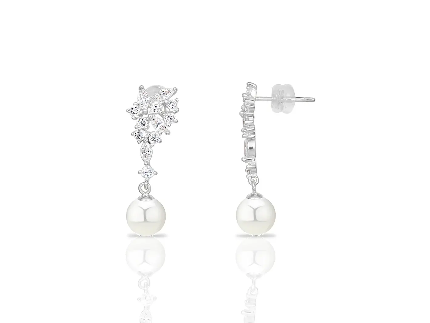 Cluster cz diamond round pearl earrings silver
