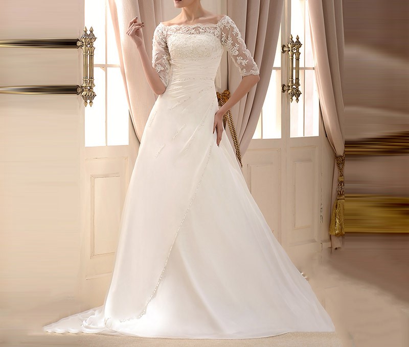 De luxe 2016 outre de l epaule moitie manches de mariage robe perlee a ligne cour