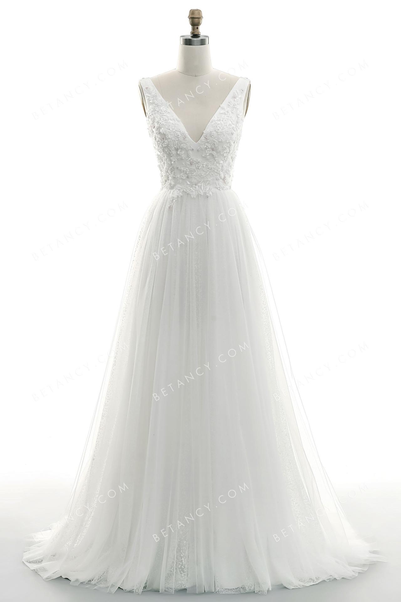 Deep v neck low v back a line wedding dress in dreamy tulle 4