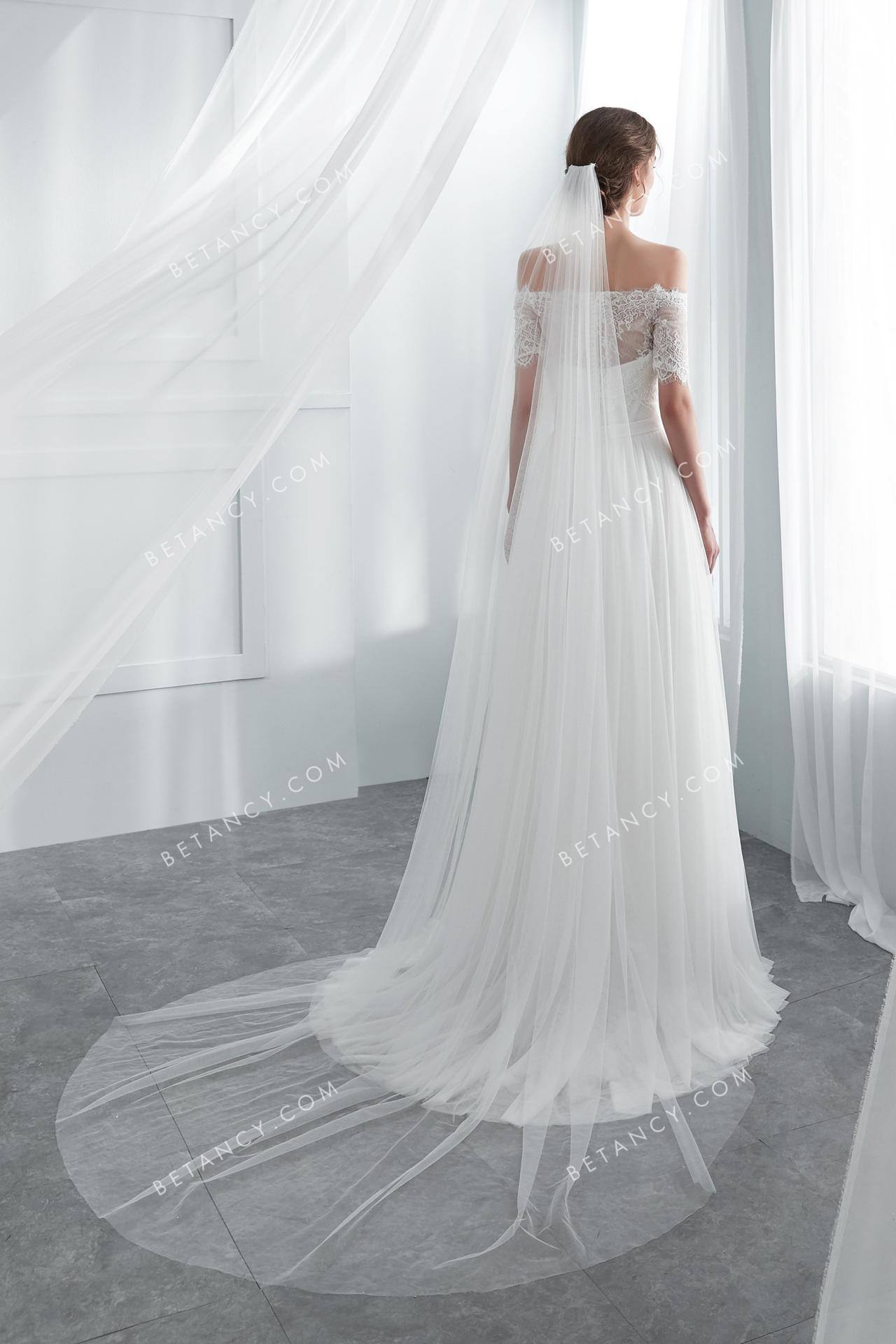 Delicate soft and draped spandex net long bridal gown with bolero 4