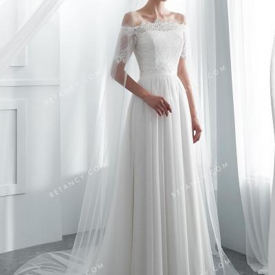 Detachable lace off the shoulder short sleeve bolero wedding gown 3