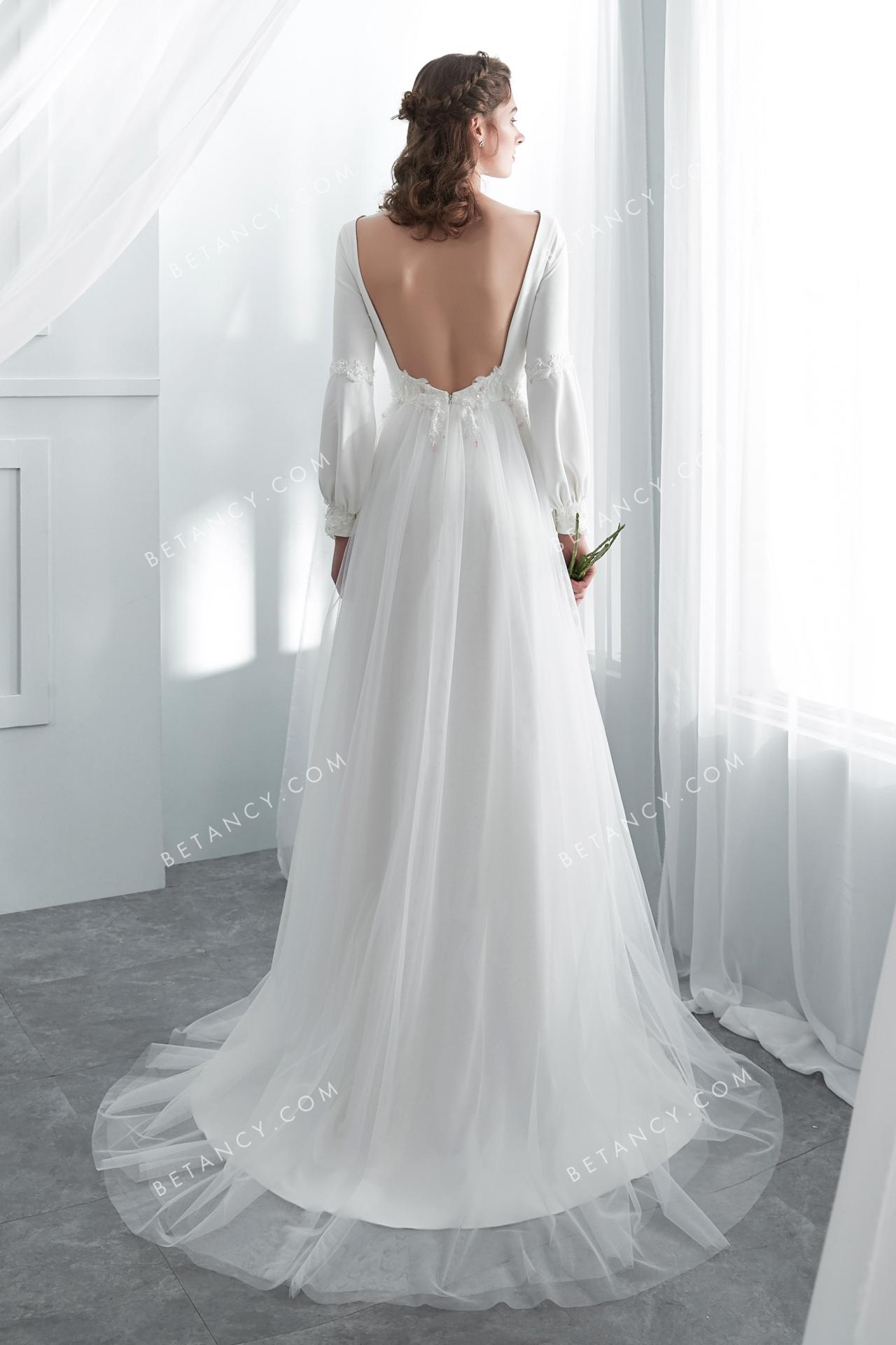 Dreamy open back and bubble long sleeve wedding gown 3