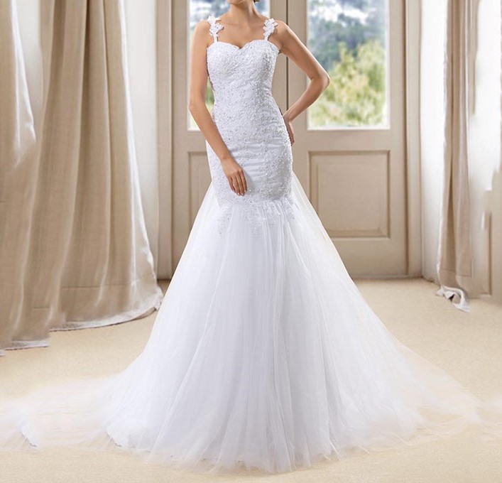 Dressv blanc sirene tulle robe de mariee bretelles sheer retour tribunal train appliques paillettes perles de 1