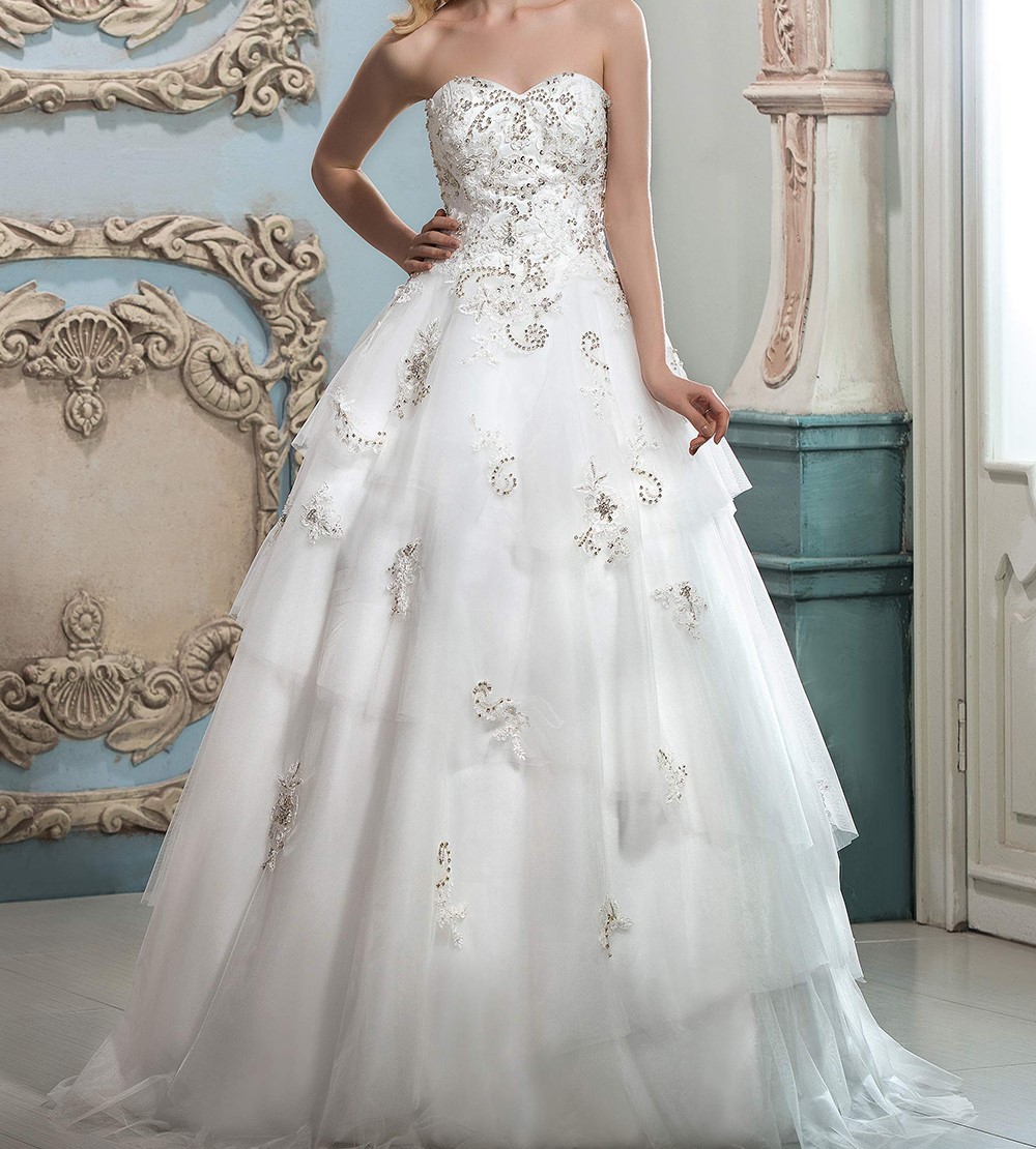 Dressv cherie a ligne de robe de mariage blanc appliques perles volants zipper up tulle robe