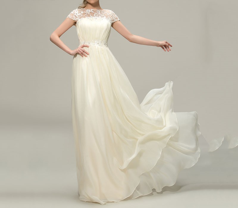 Dressv elegant mousseline de soie longue robe de demoiselle 2016 mode a ligne manches courtes dentelle