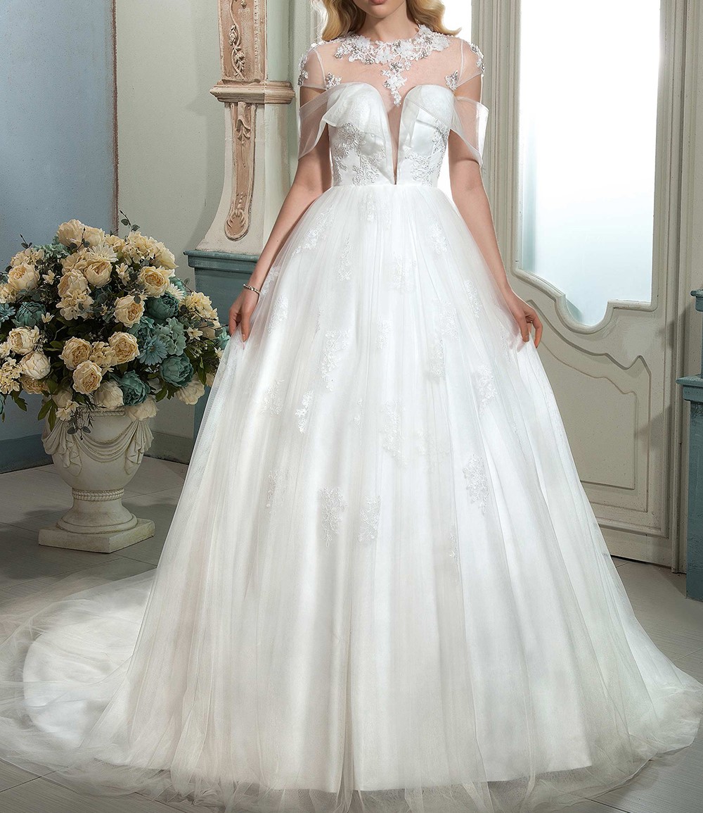 Dressv ivoire appliques perlee robe de mariee a ligne manches courtes tribunal train bouton elegant tulle