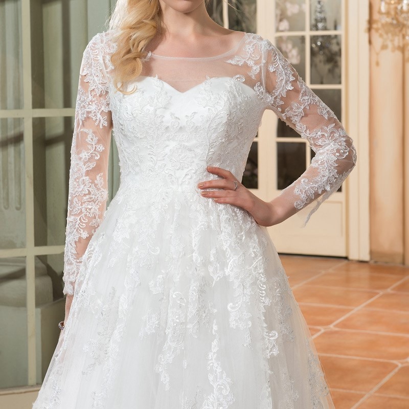 Dressv scoop cou manches longues de mariage robe ivoire appliques cour train zipper up a ligne 1