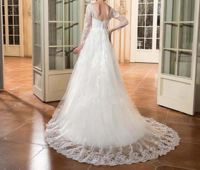 Dressv scoop cou manches longues de mariage robe ivoire appliques cour train zipper up a ligne