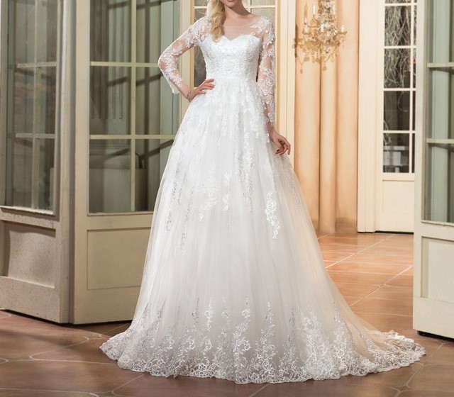 Dressv scoop cou manches longues de mariage robe ivoire appliques cour train zipper up a ligne jpg 640x640