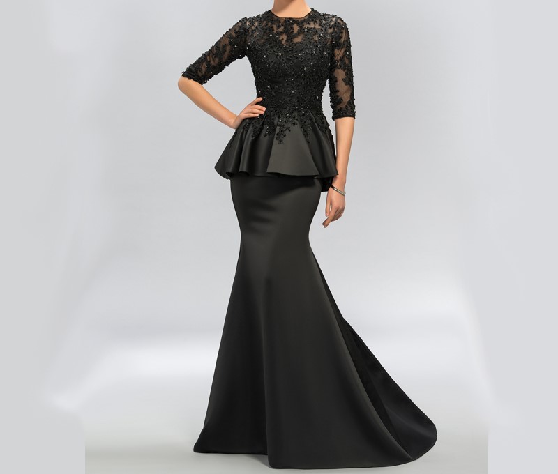 Dressv vintage noir sirene dentelle longues robes de soiree moitie manches perlee scoop cou longues appliques