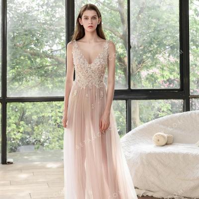 Dusty rose lace and tulle transparent bridal dress 1