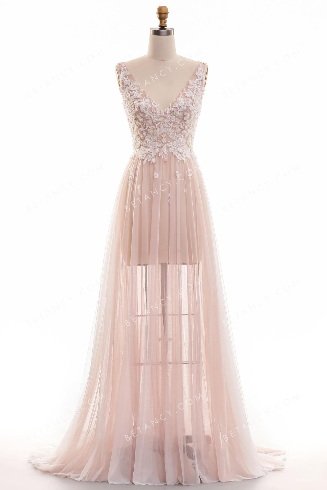 Dusty rose sheer soft tulle a line wedding dress 4