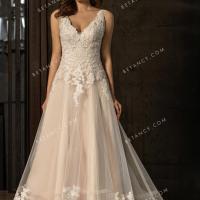 Elaborate embroidered lace pink nude wedding dress 1