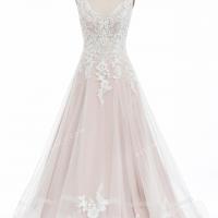 Elaborate handmade wholesale pink nude wedding dress with a graceful v neckline 4