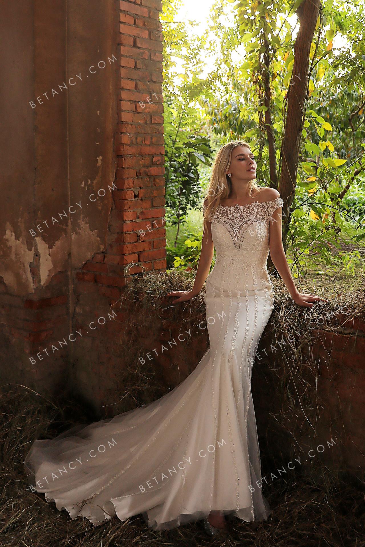Elegant off the shoulder beaded mermaid bridal gown 1